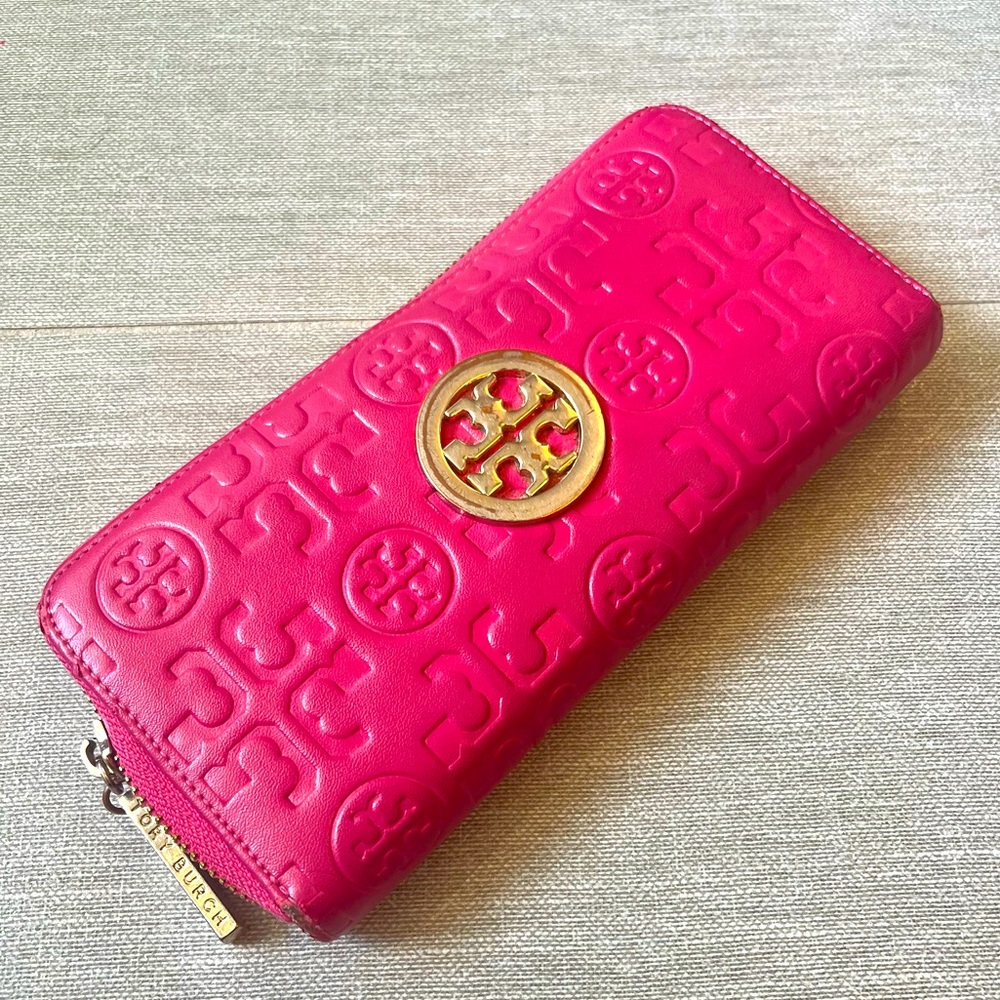 Tory Burch hot pink wallet with gold trim